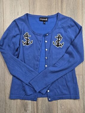 Sourpuss Blue Nautical Sailor Anchor Punk Grunge Cardigan, Size M